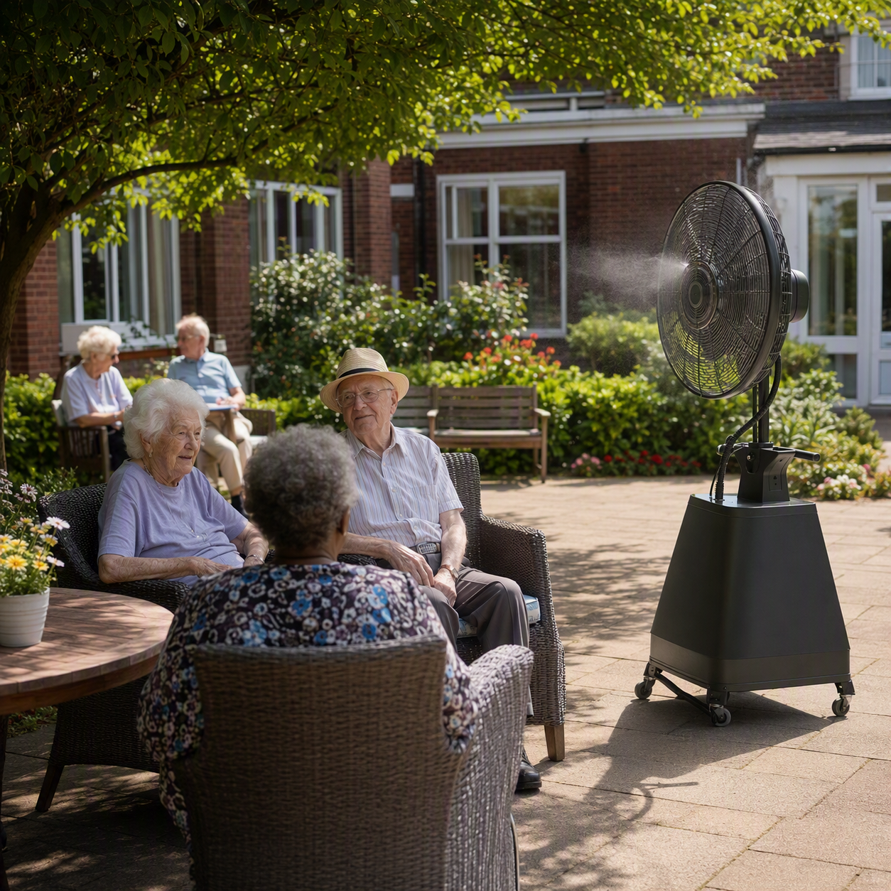 Outdoor misting fan cooling system in a care home garden